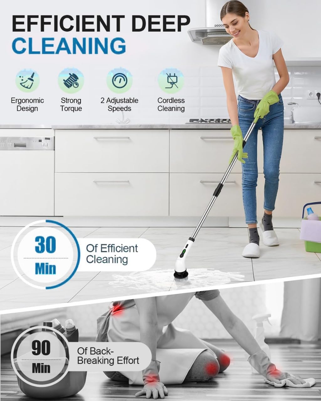 BRONTIX 9 in 1 Cordless Electric Spin Scrubber - Cleaning Brush for Home, Electric Mop Machine for Floor, Bathroom Cleaning - GLIMMER 