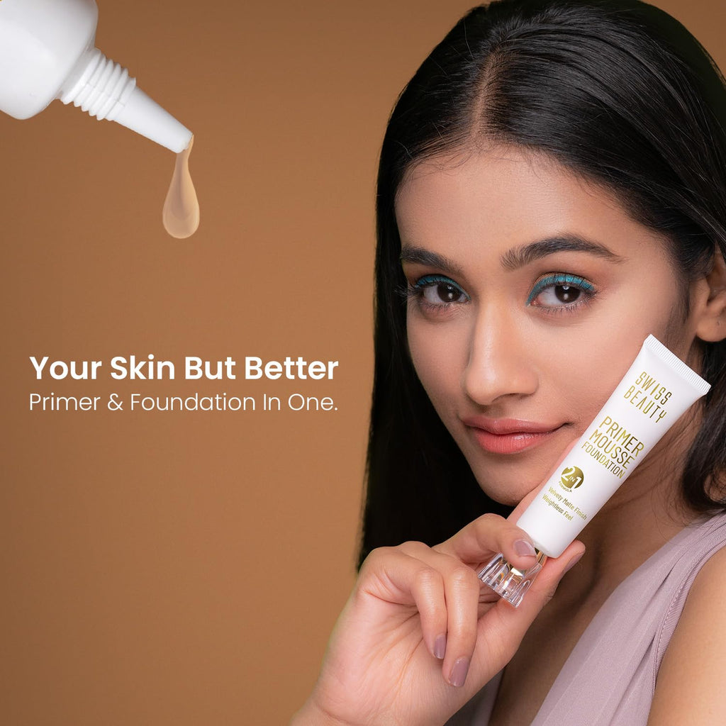 Swiss Beauty Primer Mousse Foundation Weightless Smooth & Velvet Touch, Face Makeup, Rose Blush, 30ml - GLIMMER 