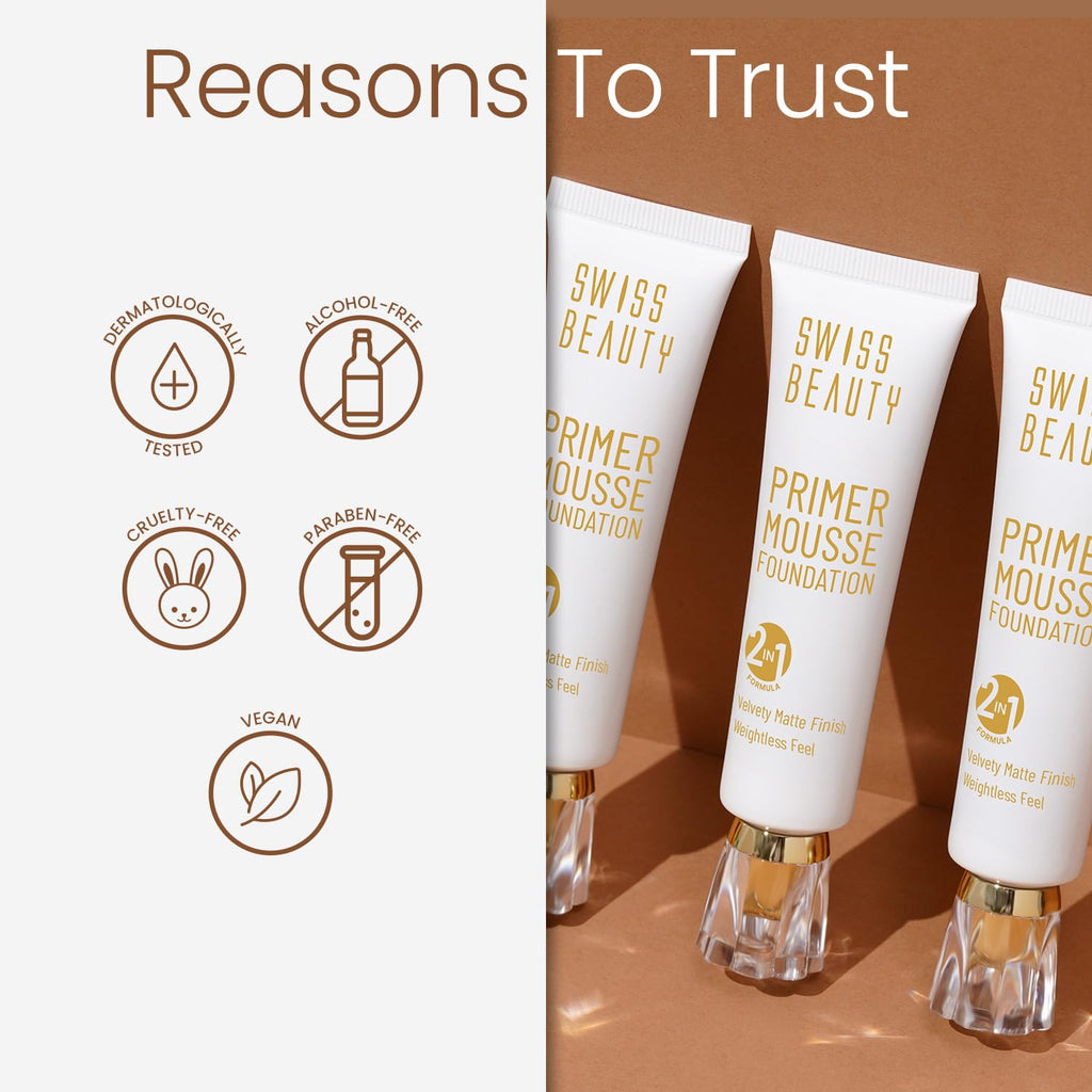 Swiss Beauty Primer Mousse Foundation Weightless Smooth & Velvet Touch, Face Makeup, Rose Blush, 30ml - GLIMMER 